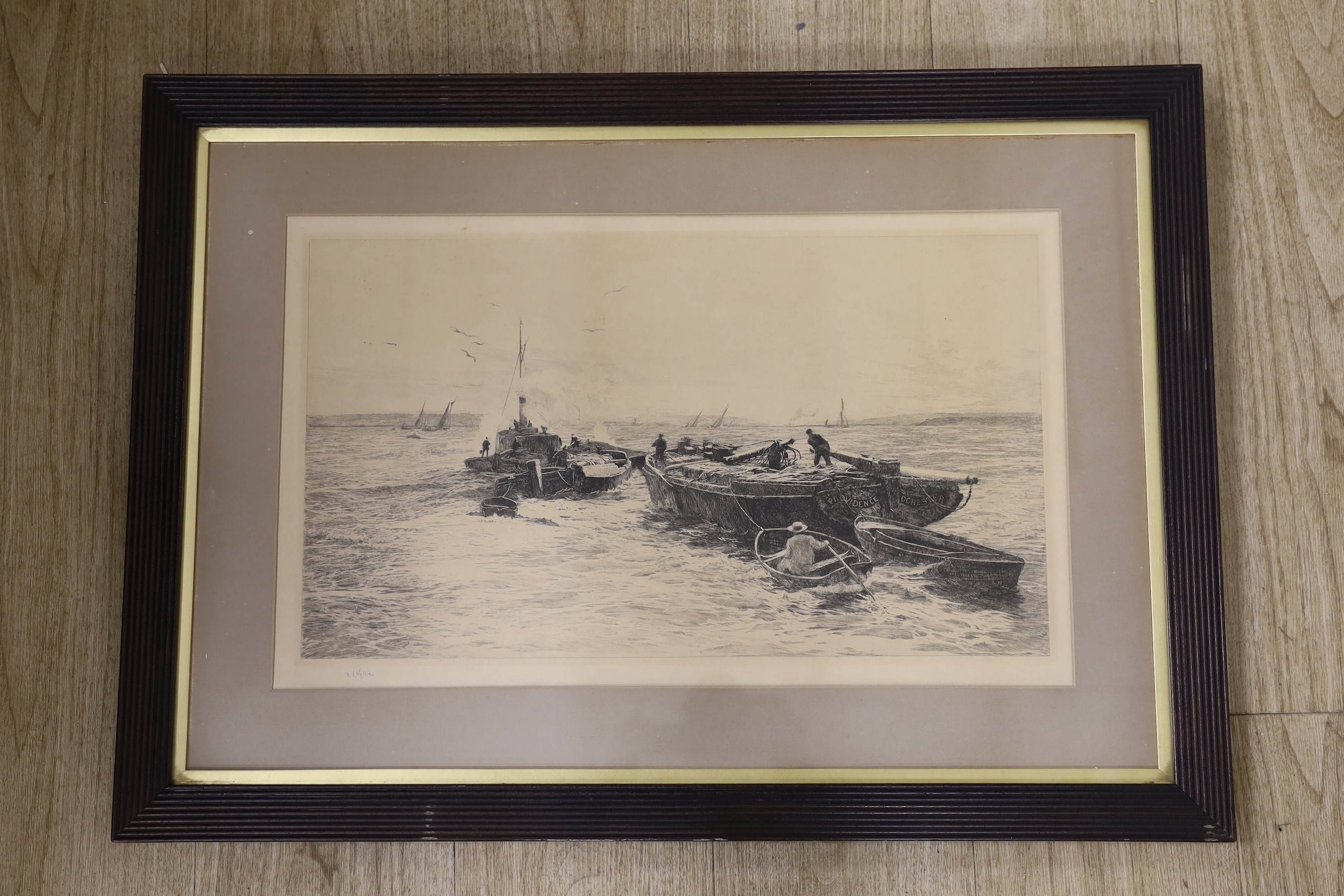 William Lionel Wyllie (1851-1931), drypoint etching, 'Providence of Rochester', the artist depicts himself in the small boat in the foreground. signed in pencil, 30 x 52cm